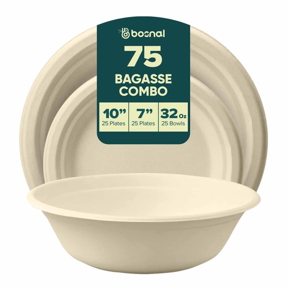 BOSNAL 10 inch and 7 inch Round Compostable Dinner Plates with 32 oz Bowls, Sugarcane Bagasse Disposable Tableware for Parties, Catering and Events