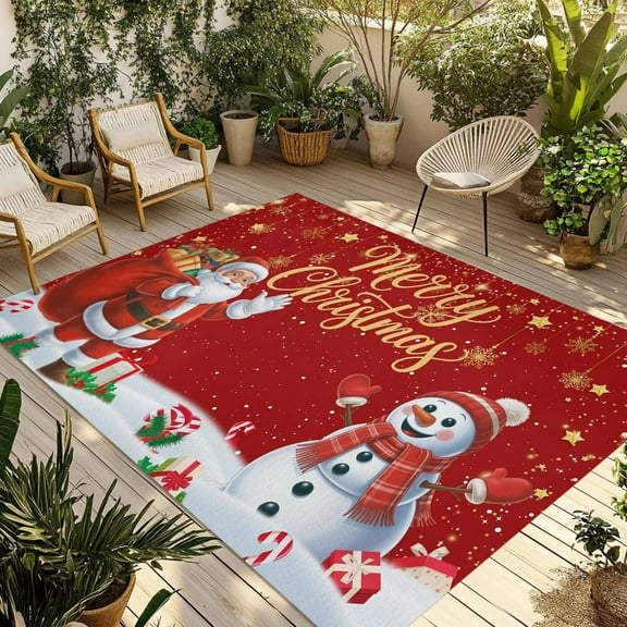 Fsddascl Red Christmas Outdoor Rug for Patio/Deck/Porch, Non-Slip Large Area Rug 5 x 8 Ft, Xmas Snowman Santa Snowflake Indoor Outdoor Rugs Washable Area Rugs, Reversible Camping Rug Carpet Runner