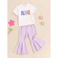 thumbnail image 3 of Suealasg Kids Little Girl 2Pcs Summer Outfits Short Sleeve Letter Embroidery Tops + Flare Pants Set 3T 4T 5T 6T Toddler Girl Clothes, 3 of 7