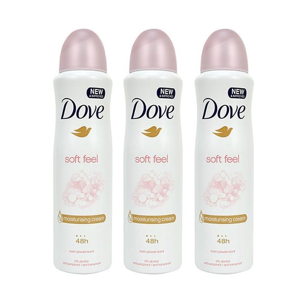 3 Pack Dove Soft Feel Antiperspirant Deodorant Spray, 150ml Each