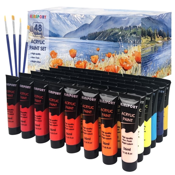 KINSPORY Acrylic Paints Set, 48 Colors*36ml Art Craft Paint, 4 Brushes, Premium Art Supplies Gifts for Artists Beginners on Canvas Wood Ceramic