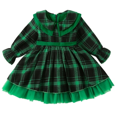 

Kids Baby Girls Christmas Dress Long Sleeve Plaid Tulle Patchwork A-line Dress XMAS Party Tulle Dresses