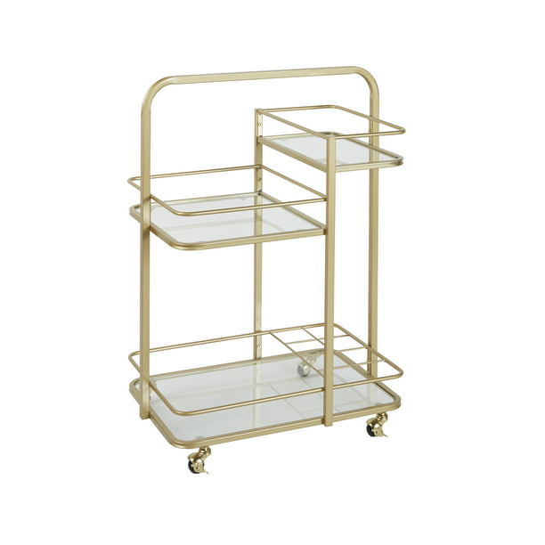 Adornments Gold Metal Serving Bar Cart with 3 Glass Shelves