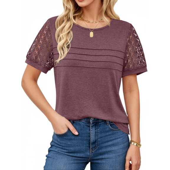 UVN Blouses for Women Lace Short Sleeve Shirts Summer Casual Dressy Crewneck Pleated Tunic Tops