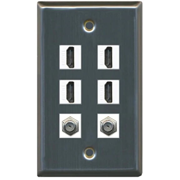 RiteAV - 4 Port HDMI 2 Port Coax Cable TV- F-Type Wall Plate - Stainless Steel