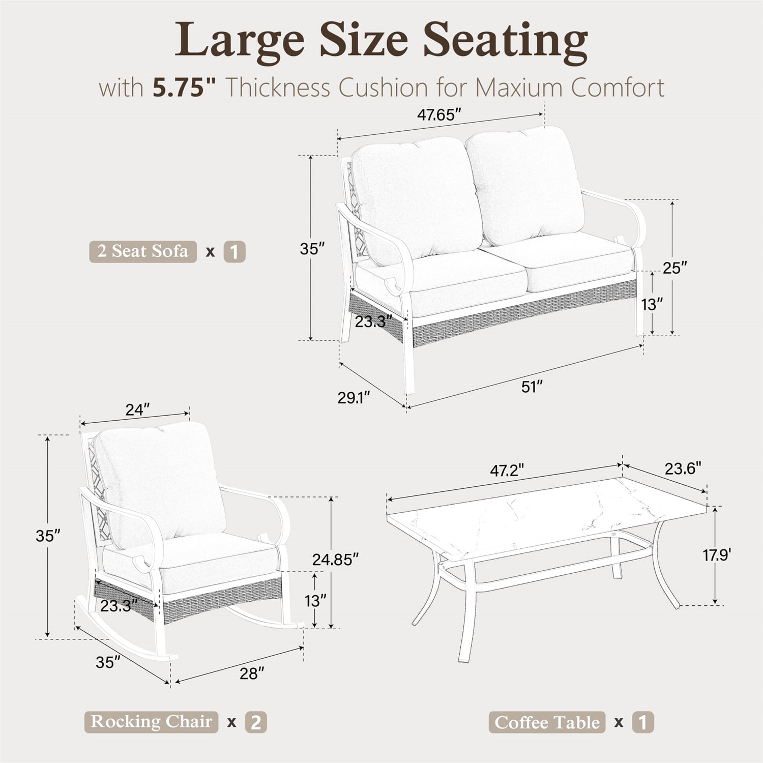 MF Studio 4-Seater Patio Conversation Set Metal Outdoor Furniture with Rocking Chair Sofa Gray