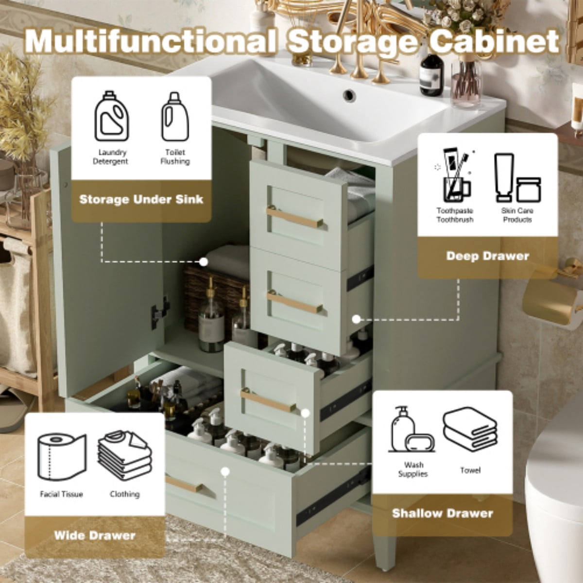 24.8" Bathroom Vanity with Ceramic Sink, Freestanding Bathroom Vanity Cabinet, Soft Close Door, 3 Drawers, Green