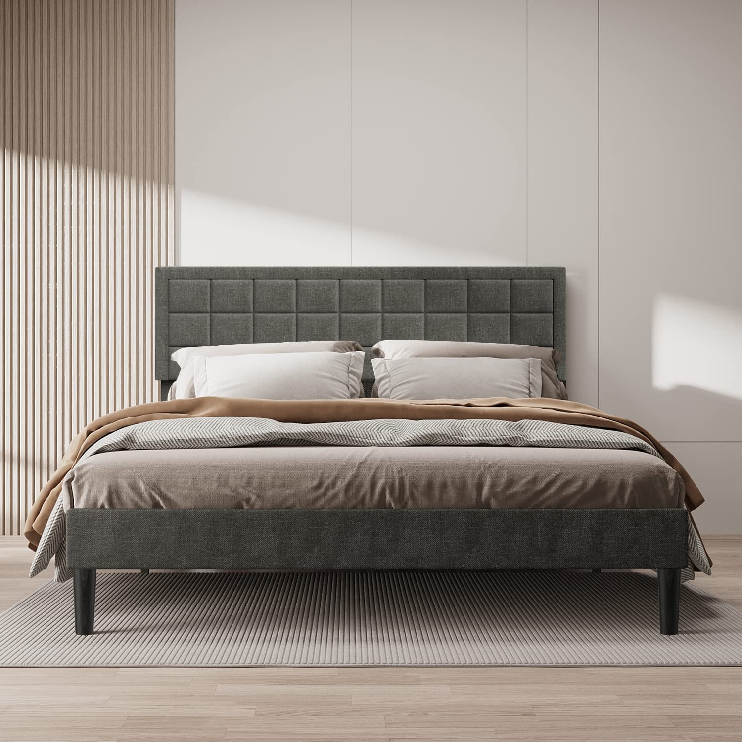 BONSOIR FULL Size Bed Frame Upholstered Modern Low Profile Platform with Tufted Headboard No Box Spring Needed Linen Fabric Charcoal Gray