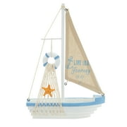 Life is A Journey, Enjoy It Wooden Sailboat Model with Flag, Net, Starfish, and Floating Tube for Nautical Home and Bathroom Boat Decor, Countertop, Shelf (13x8x3 in)