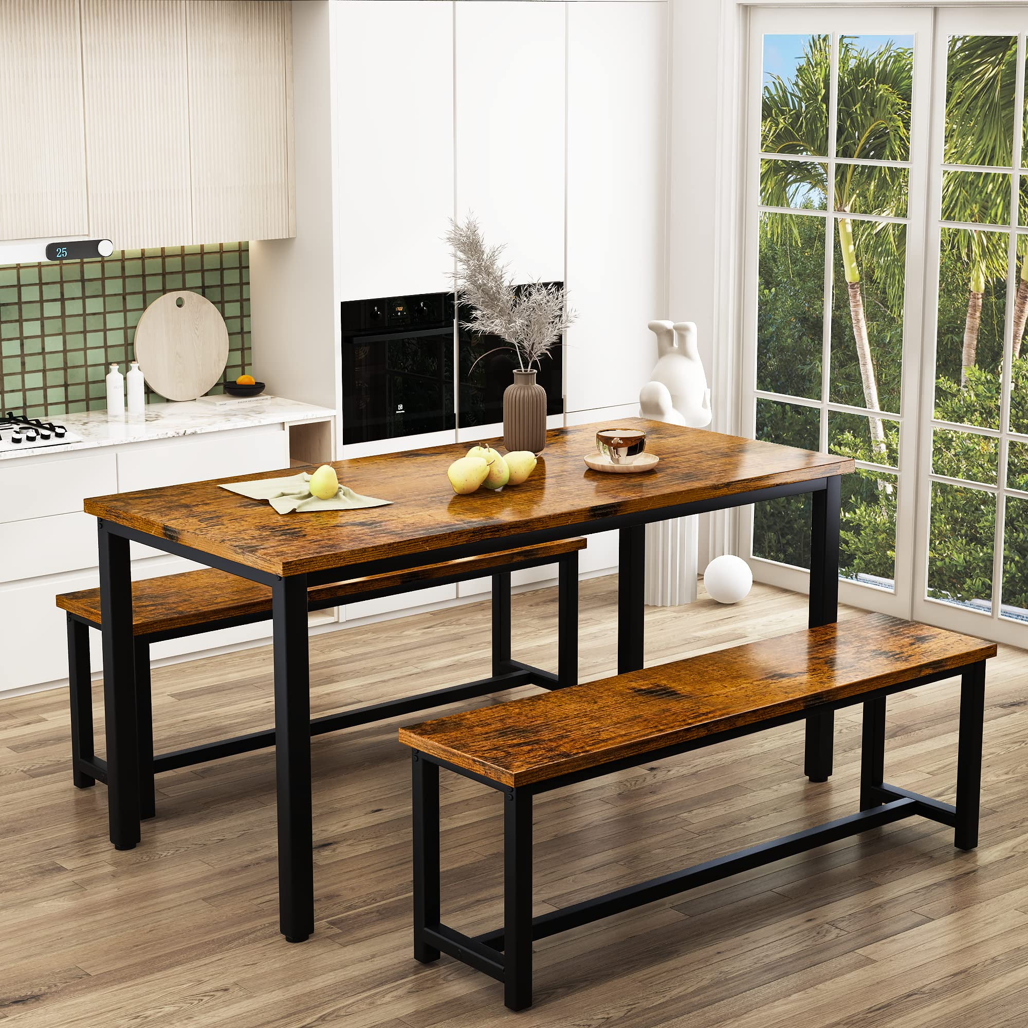 AWQM Dining Table Set with Two Benches, Kitchen Table Set for 4-6 Persons, Kitchen Table of 43.4 x 23.7 x 28.6 Inches, Bench of 38.6 x 11.9 x 17.6 Inches Each, Rustic Brown and Black