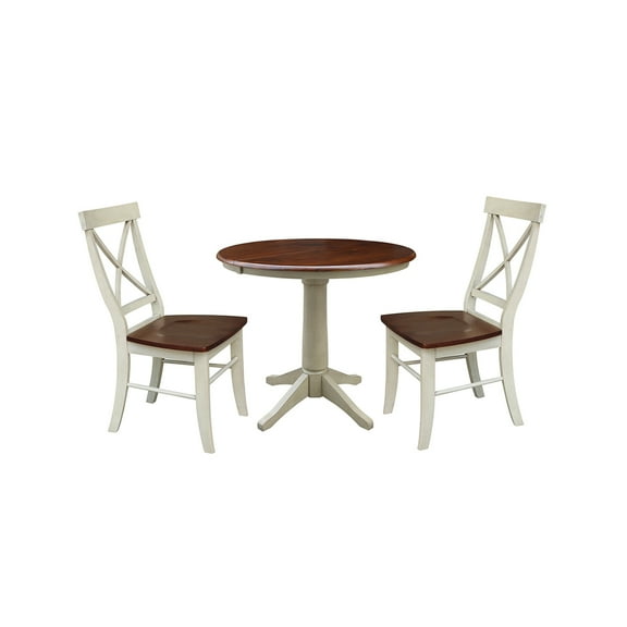 36" Round Extension Dining table with 2 X-Back Chairs - Set of 3 Pieces