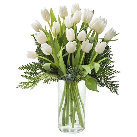 KaBloom: 10 White tulips, 6 greens in vase, Next-Day Delivery, Gift for Every Occasion.