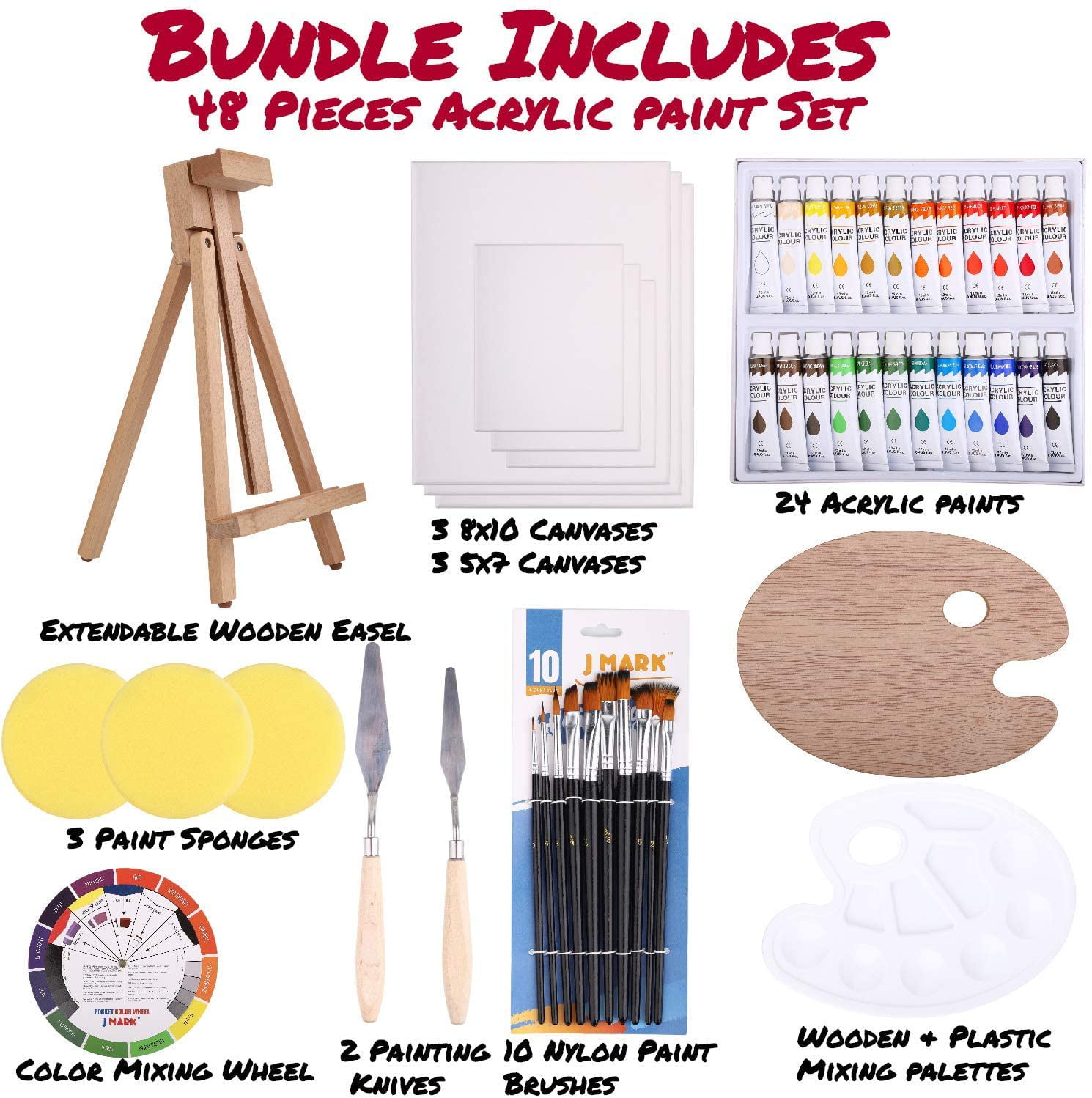 48pc Deluxe Painting Kits for Adults Includes Adjustable Wood Easels, 10  Brushes Set, 24 Acrylic Paints, Wooden and Plastic Palettes -  Israel