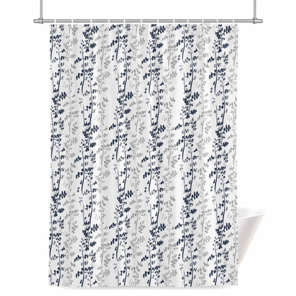 Dark Blue and Grey Leaf Shower Curtain, Abstract Farm Plants Floral Branches Waterproof Shower Curtain Set with 12 Hooks Lightweight Bath Curtains Fabric Bathroom Decor 48x72 Inches