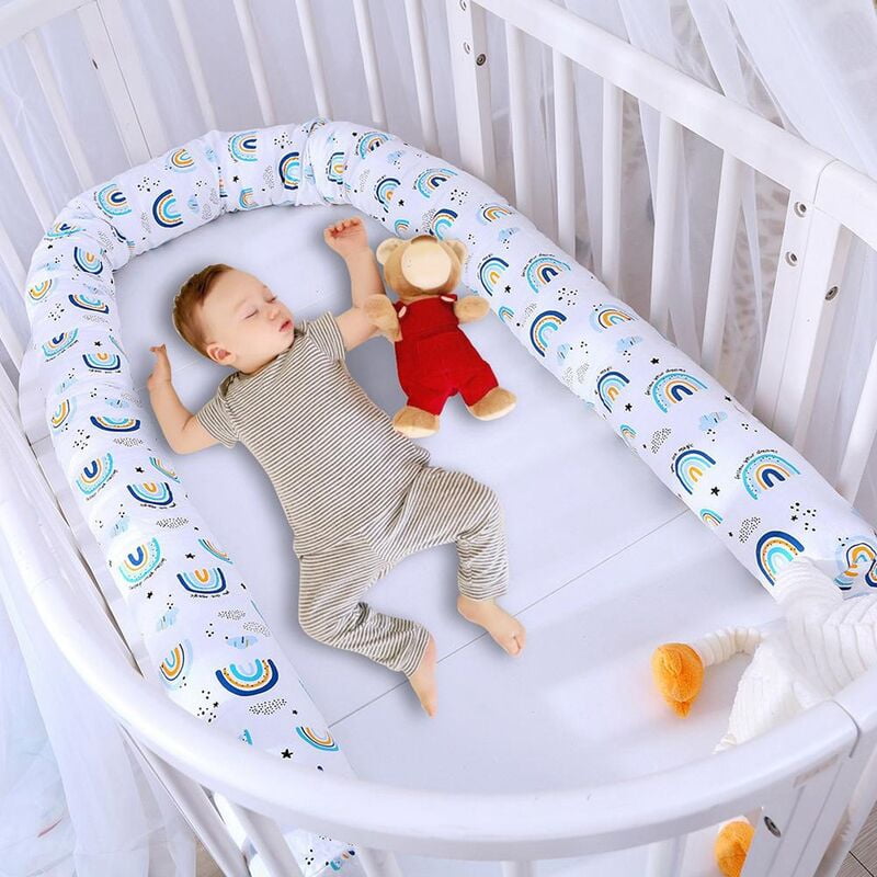 Washable Bed Bumper Cushion Born Crib Protector Long Rainbow Pillow Cushion Infant Fence Kids Room Decor Blue