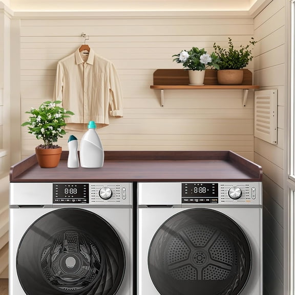 Washer Dryer Countertop with Non-Slip Pad, Wood Washer and Dryer Countertop with Edge Rails for Laundry Room Organization and Storage, 54" L x 27.5" W(Walnut)