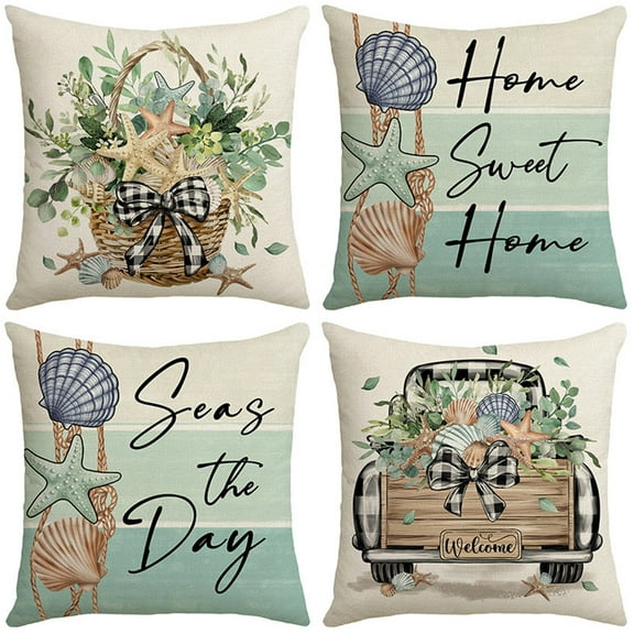 Sunyuer Summer Ocean Throw Pillow Covers 18 x 18 Inch Set of 4, Beach Coral Starfish Farmhouse Holiday Cushion Case for Home Sofa Couch Decoration