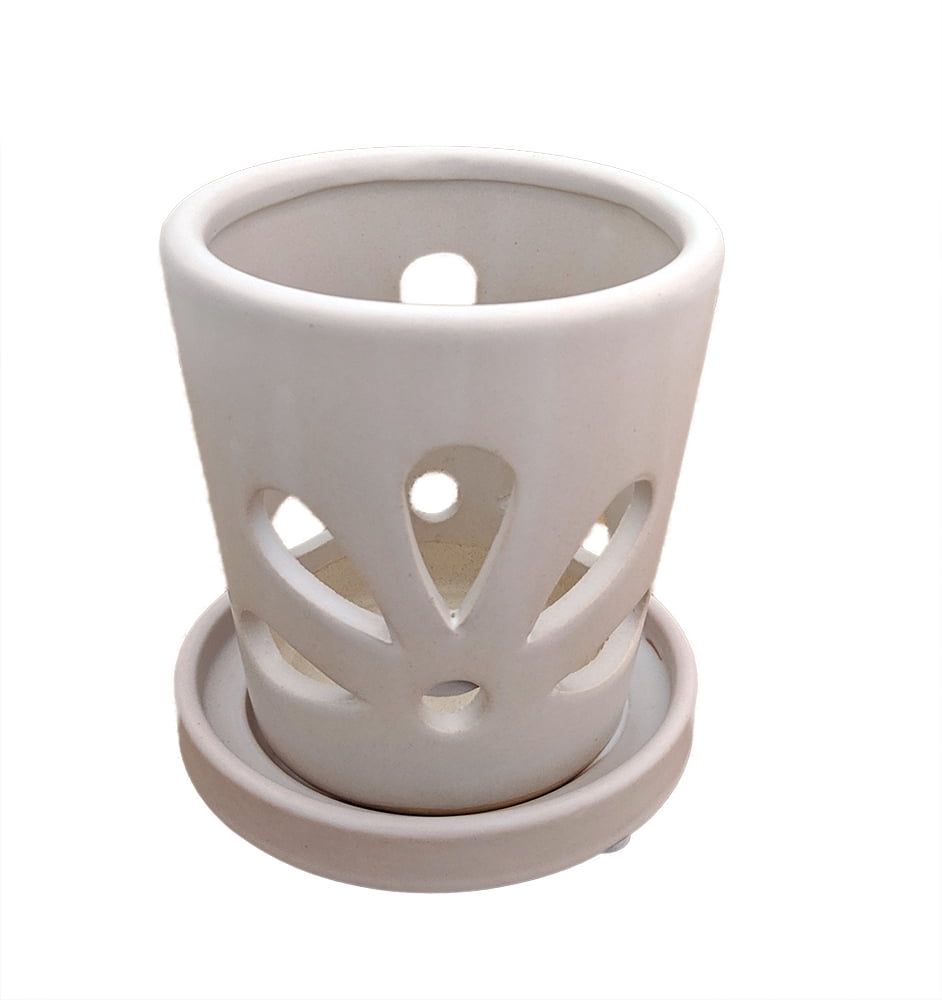 Mini Round Ceramic Orchid Pot and Saucer plus Felt Feet 3.5" x 4