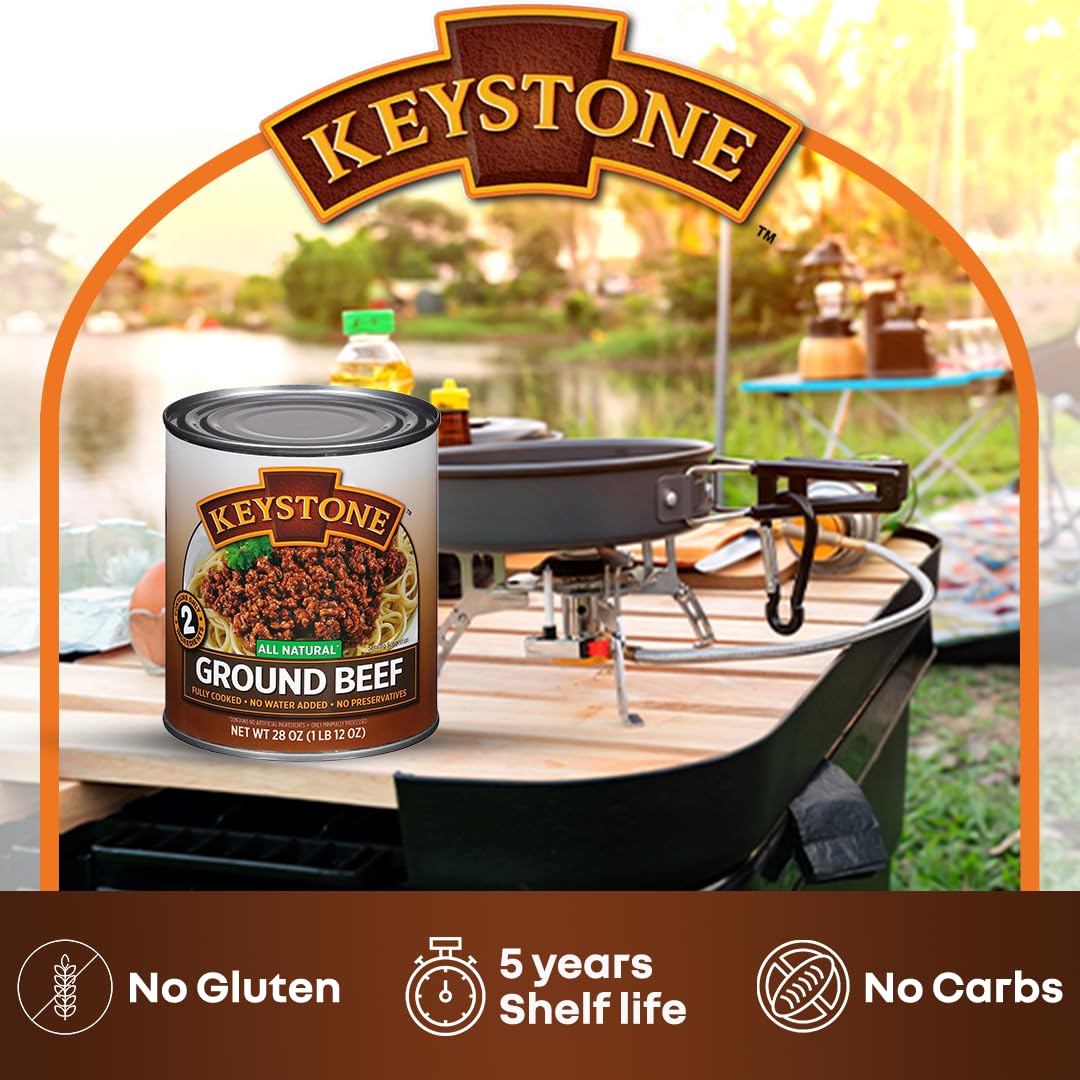 Keystone Meats All Natural Heat and Serve Ground Beef 28 oz – Fully Cooked Canned Meat – Ready to Eat – 5-Year Shelf Life – Emergency Survival Canned Food Made in USA