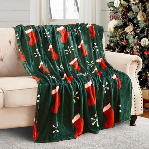 Kugisaki Christmas Flannel Throw Blanket, Cute Christmas Sock and Snowflake Printed Soft Cozy Warm Blanket for Couch Sofa Bed, Holiday Decorative Blanket, 51.1x59 in
