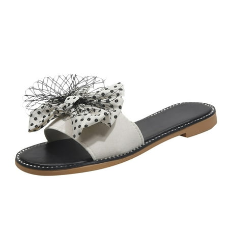 

Women Slippers Summer Women Slippers Bow Ribbon Polka Dot Flat Lightweight Casual Beach White 8