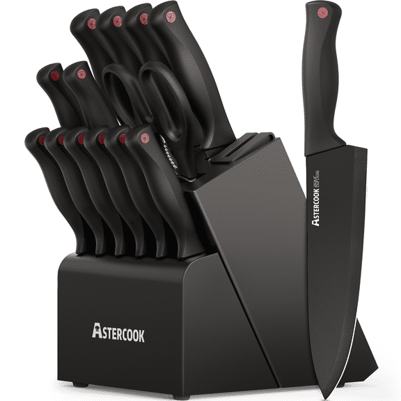 Astercook 14-Piece Kitchen Knife Set, Knives Block Set with Built-in Sharpener, Healthy Anti-Rust Coating & German Stainless Steel Knife Set, Dishwasher Safe Black