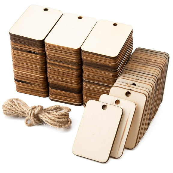 Ksopiavobs 100pcs Unfinished Wood Pieces with Hole Christmas Wooden Rectangle with 2m Hemp Rope for Craft Projects, Hanging Ornaments, DIY(2×1.37inch)