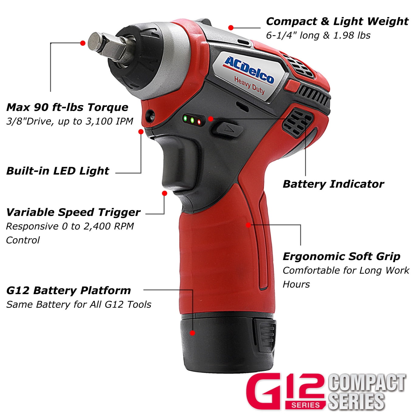 ACDelco ARW12103-K13 G12 Series 12V Cordless Li-ion 3" Mini Polisher, 3/8" Impact Wrench & Brushless Ratchet Wrench Combo Tool Kit with 2 Batteries