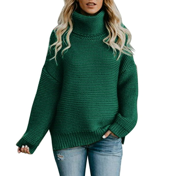 Gibobby SuéTer Mujer Invierno Suéter de manga larga de punto de cuello suelto de color sólido de otoño e invierno para mujer(Verde,CH)