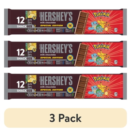 (3 pack) Hershey's Milk Chocolate Snack Size Pokemon Candy, Bars .45 oz, 12 Count