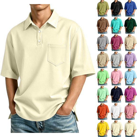 WULMLEO Men's Polo Shirts Short Sleeve Quick Dry Outdoor Golf Sports Tshirts with Pocket Beige 2XL