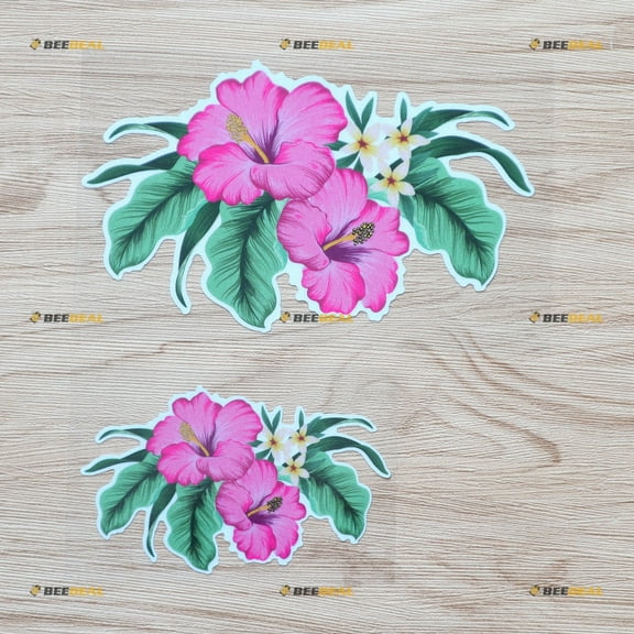 Hibiscus Flowers with Leaves Vinyl Decal Sticker - 2 Pack Reflective, 4 Inches, 6 Inches Hawaii Aloha - for Car Boat Laptop