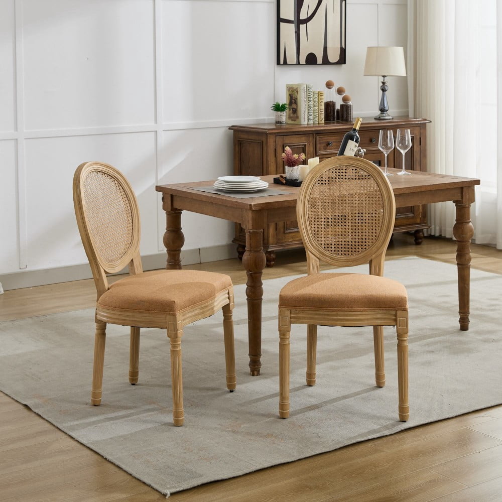 French Style Dining Chairs Set of 2, Solid Wood Upholstered Kitchen Chairs with Rattan Backrest, Linen Fabric, Antique Finish, Tan