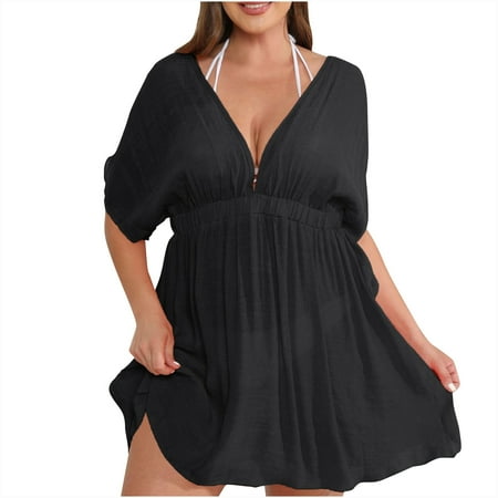 BangWanChi Maxi Dresses for Women 2024 ClearanceSummer Oversized Women s Dress with Waistband and Large Hem Pleated Beach Bikini Cover Up Dress Short Sleeved V-neck Knee Length Dress