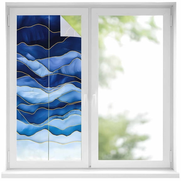 Navy Blue Ombre Window Privacy Film, Modern Moire Abstract Art Luxury Static Cling UV Sun Blocking Heat Control Window Tint Day and Night, Non-Adhesive One Way Windows Privacy Cover 17.7''x39.3''