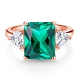 thumbnail image 3 of Gem Stone King 18K Rose Gold Plated Silver Green Nano Emerald and White Moissanite 3 Stone Ring for Women (6.42 Cttw, Emerald Cut 12X10MM, Trillion 5X5MM, Gemstone May Birthstone, Size 8), 3 of 4