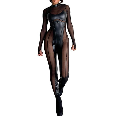 ZAZYULZ Resort Wear for Women 2024 Women s Long Sleeve Leather Stitching Jumpsuit V Neck Bodycon Shorts Stretchy Bodysuit(Black M)