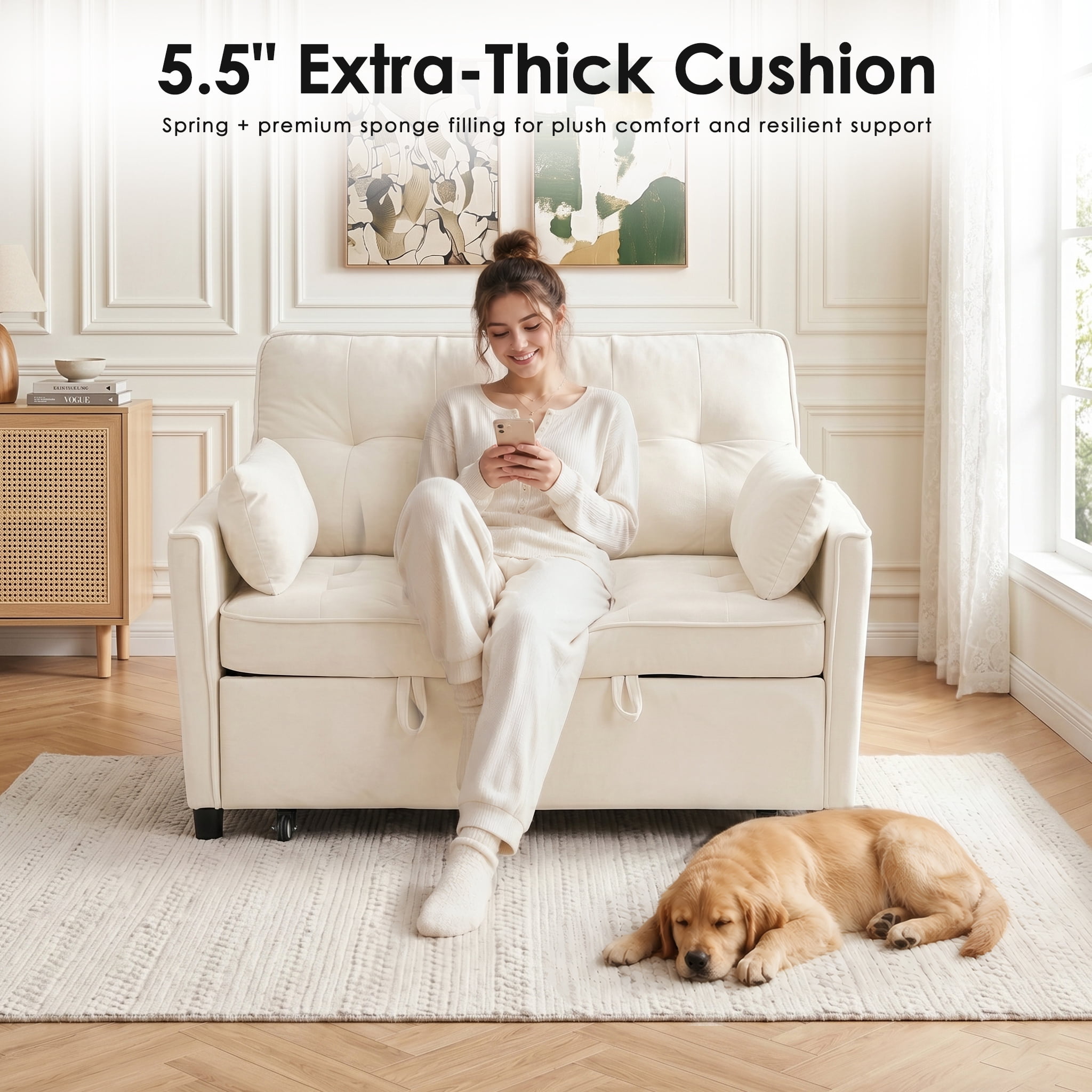 avobird 55'' 3 in 1 Pull Out Sofa Bed, Convertible Couch with Adjustable Backrest/Side Pockets/USB Charging Ports, Sleeper Sofa for Living Room, Beige