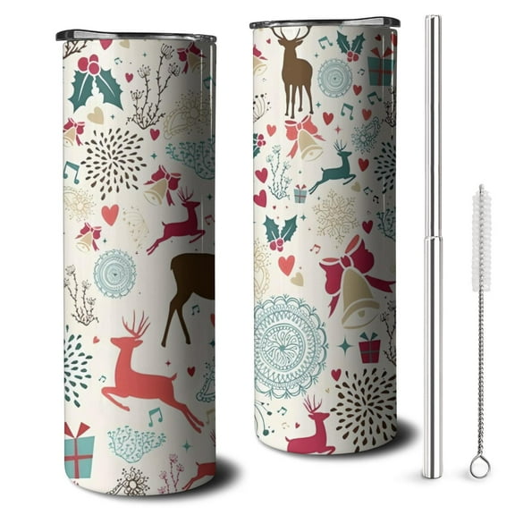 20oz Multicolor Christmas Deer Pattern Skinny Tumblers Stainless Steel Tumbler with Lid and Straw,Vacuum Insulated Double Wall Travel Tumbler Cups with Cleaning Brush for Coffee,Tea