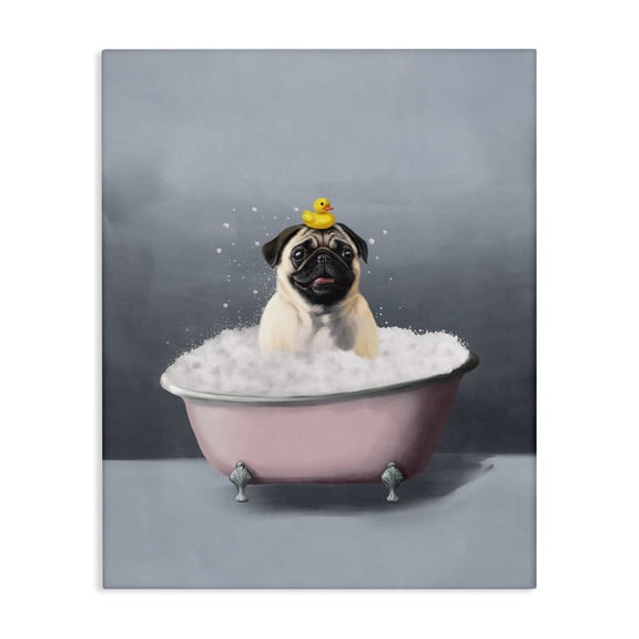 Stupell Industries Bathing Pug with Rubber Duck Bath & Laundry Painting Wrapped Canvas Art Print Wall Art, 16 x 20
