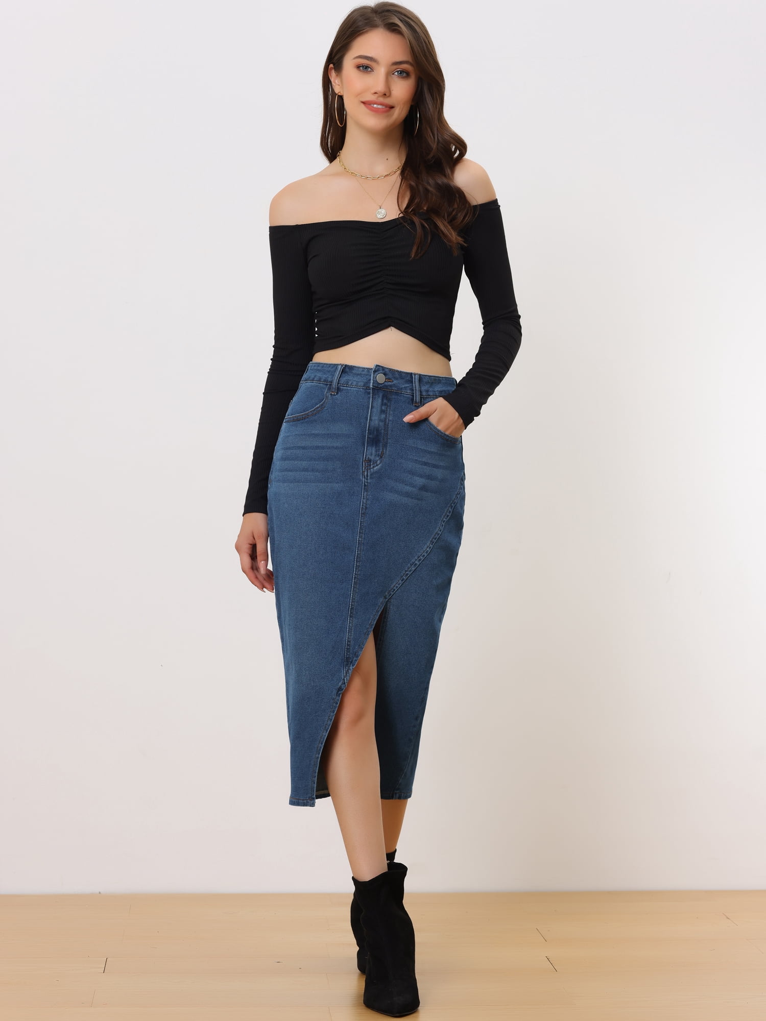 DARING DIVA Women's Denim Split Front Midi Jean Skirts M Blue