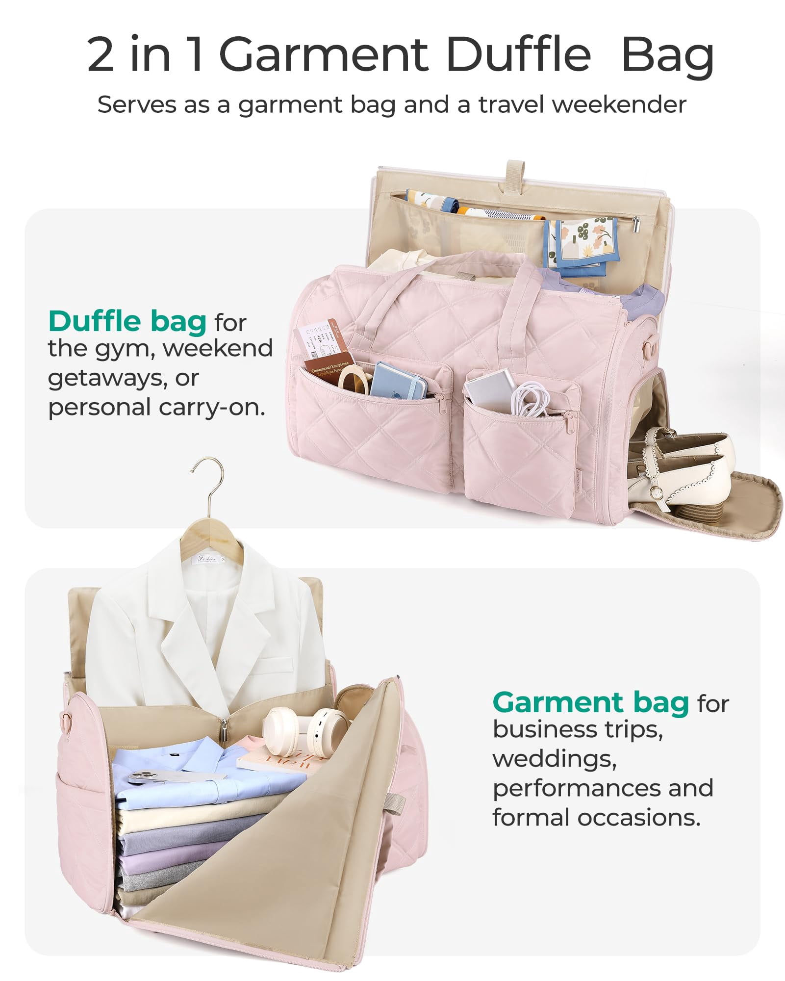 BAGSMART Garment Bags for Travel for Women, Convertible Garment Duffel Bag Suit Bag, 2 in 1 Puffy Garment Bags for Hanging Clothes, Carry on Travel Duffle Bag Combo with Shoe Compartment, Black