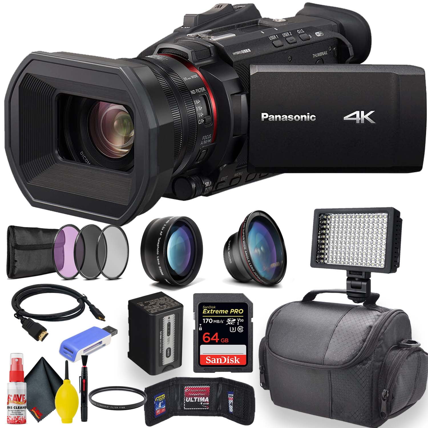 HC-X1500 4K Camcorder with 24x Optical Zoom, WiFi HD Live Streaming W/ UV and Filter Kit + Soft Case + Sandisk Extreme Pro 64GB Card + LED Light +