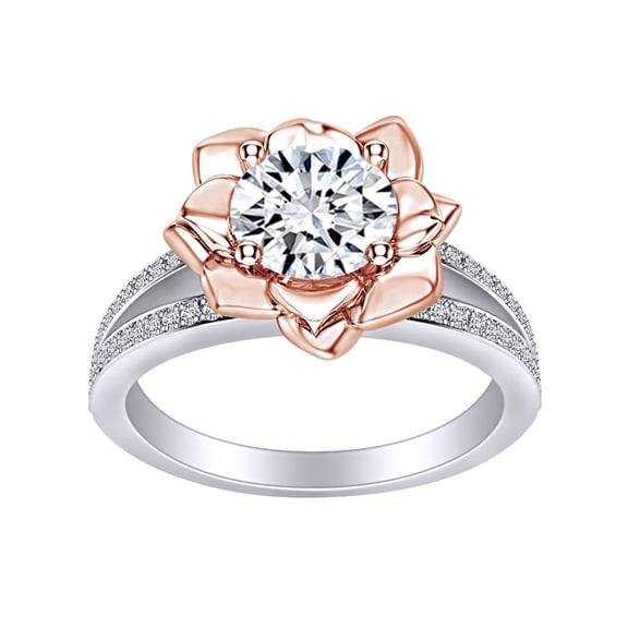 AFFY 1.32 Carat Round Shape Moissanite & Natural Diamond Two-Tone Flower Engagement Ring 14K Solid White Gold Ring Size-5