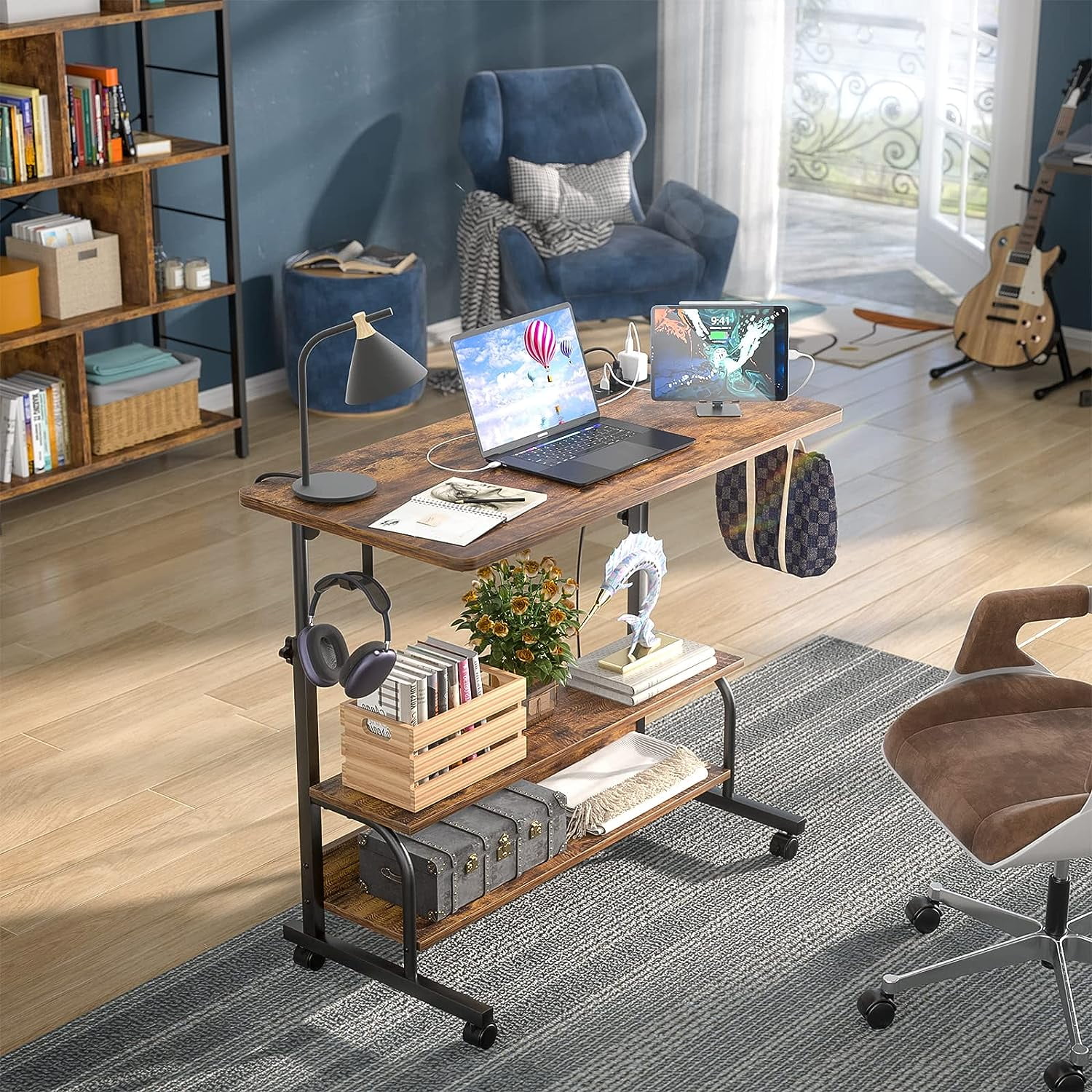 Homieasy Height Adjustable Standing Desk with Power Outlet & USB Ports, Max Height 41'', Small Mobile Computer Desk with Storage Shelves & Hooks, Portable Laptop Table for Home & Office, Rustic Brown