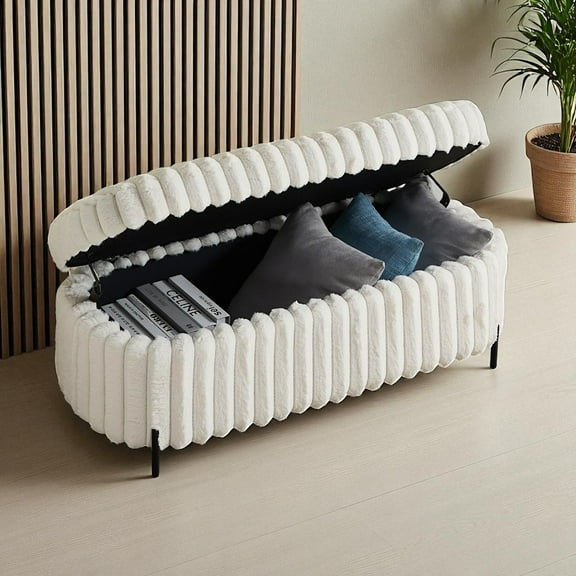 GZXS 49.2" Faux Fur Flip-Top Storage Bench with Black Metal Legs, Oval End-of-Bed Footrest for Living Room, Entryway, Dorm, and Bedroom (Beige)