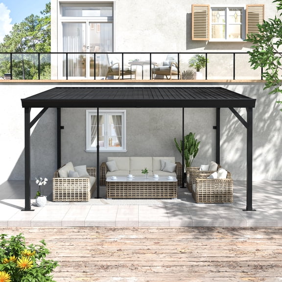 VEIKOUS 14' x 10' Hardtop Lean-to Gazebo, Outdoor Wall-Mounted Leaning Pergola Patio Cover W/ Sloping Galvanized Steel Roof for Deck, Porch, Backyard