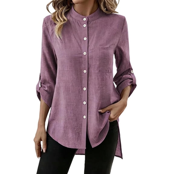 Mandarin Stand Collar Full Button Up Roll Tab Sleeve Chest Pocket Asymmetric High Low Hem Crinkle Cotton Linen Shirt for Women Spring Summer Casual Office Wear