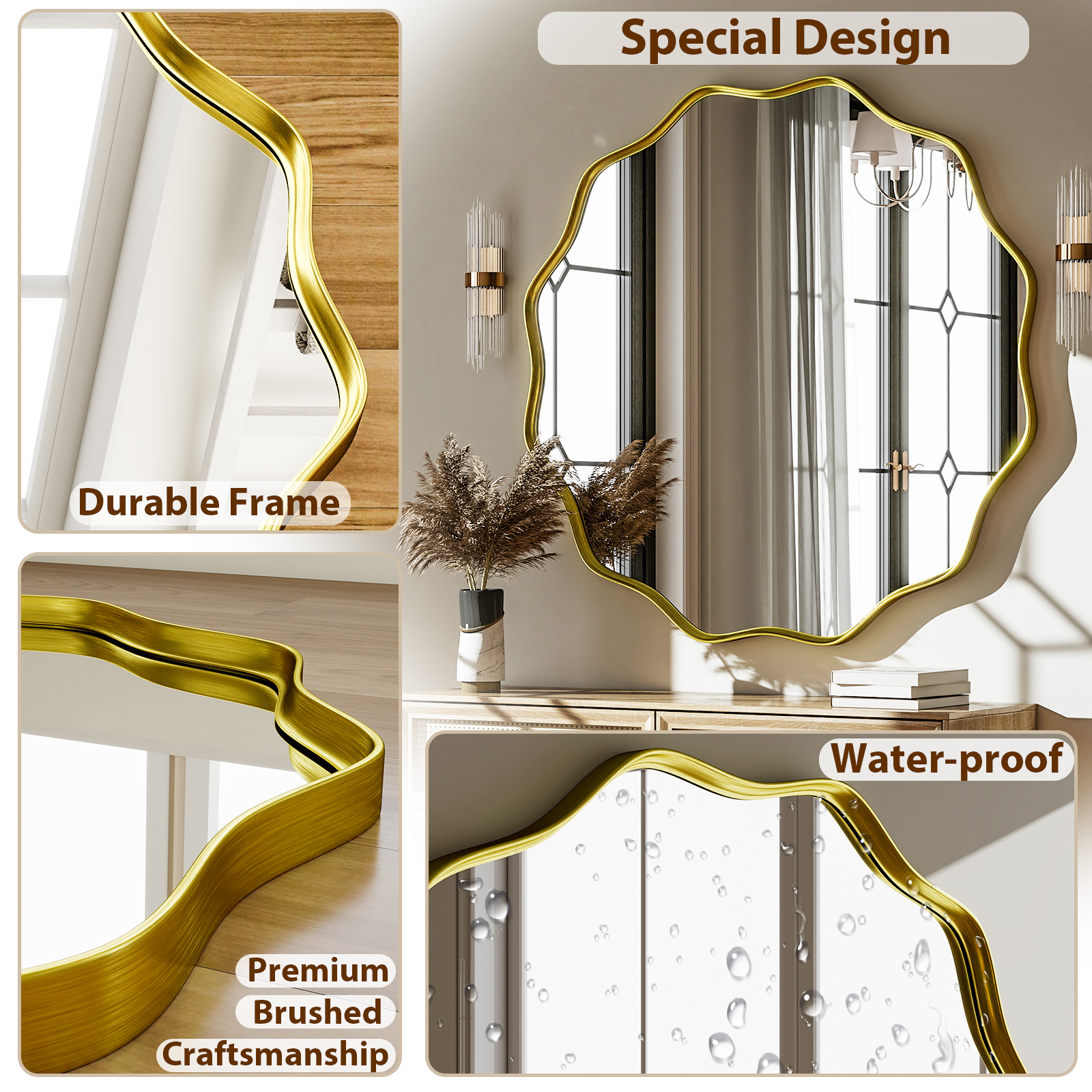 BEAUTYPEAK 24 in Wavy Round Bathroom Mirror, Gold photo 7