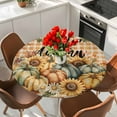 thumbnail image 2 of Brown Thanksgiving Pumpkin Round Tablecloth 55-60 Inch Round Fitted Table Cloth with Elastic Edge, Fall Sunflowers Maple Retro Plaid Waterproof Table Cover Protector for Outdoor Picnic Party Dining, 2 of 6